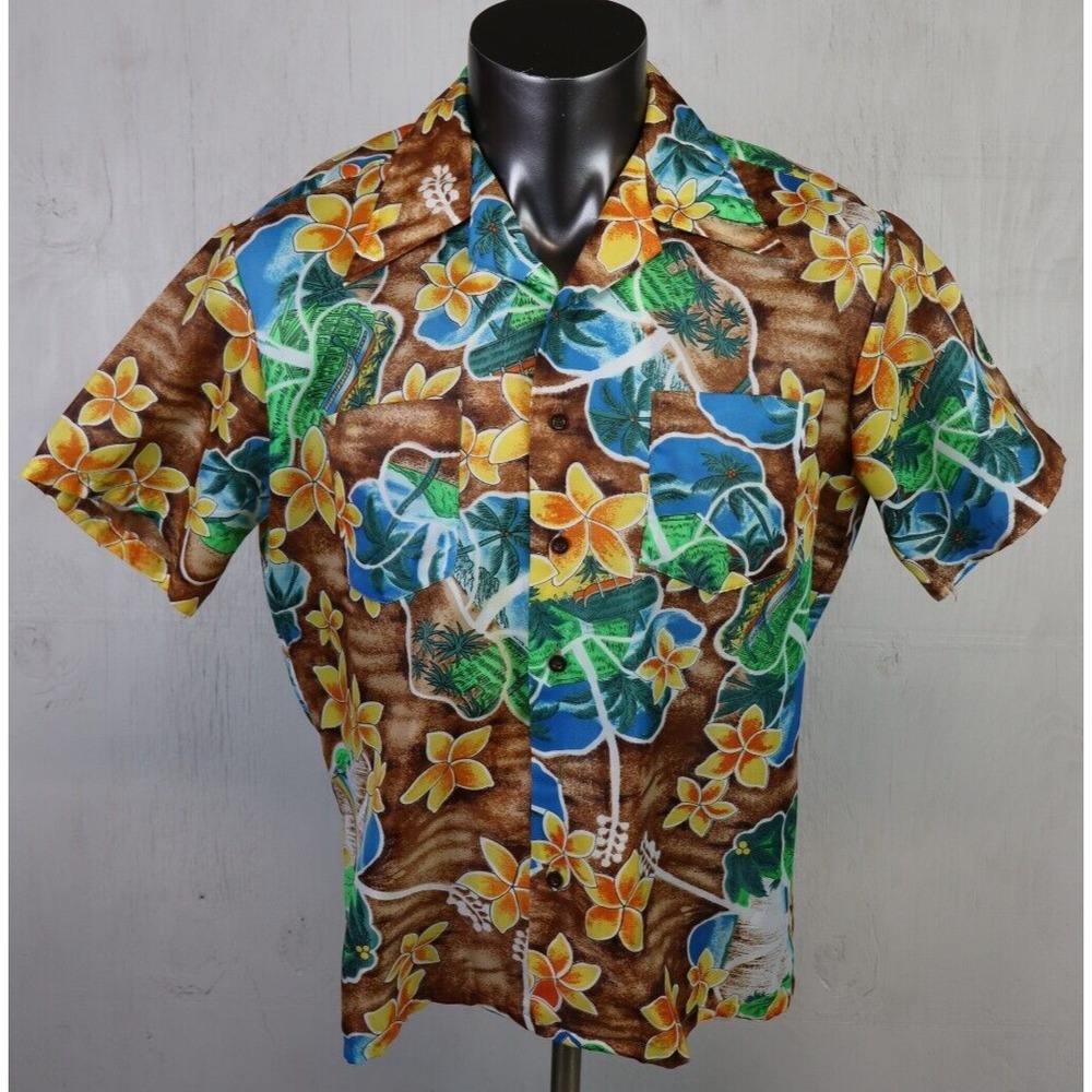 True Vintage Waikiki Holiday Hawaiian Button Front Shirt‎ Size L Polyester Korea